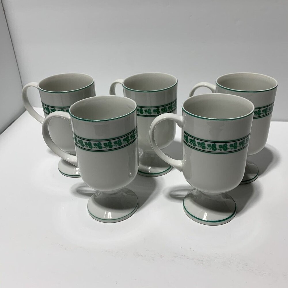 5 Irish Coffee cups Green Clover Shamrock Footed mugs 8397 Japan St Patrick's